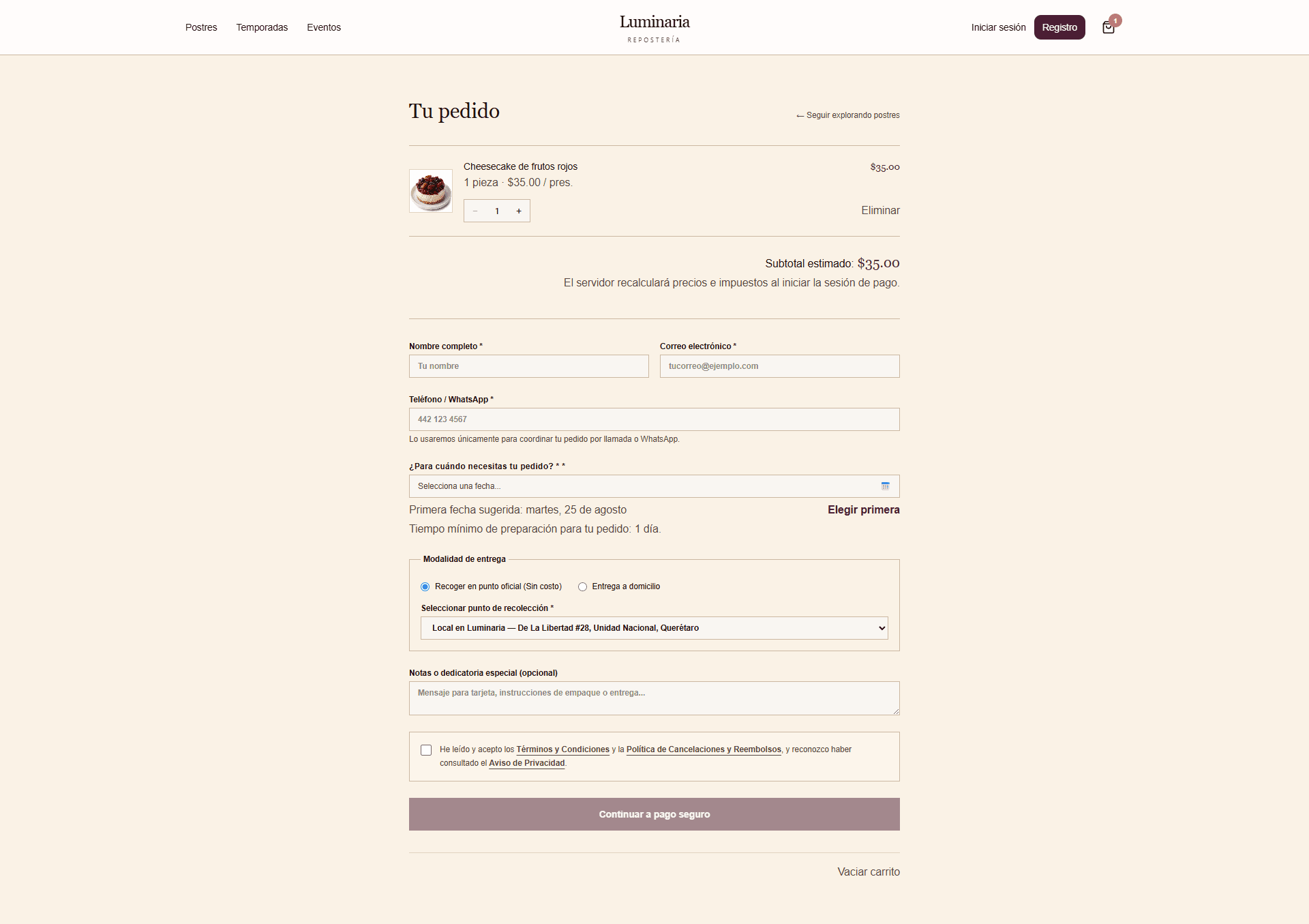 Checkout real de Luminaria con productos, datos del cliente y opciones operativas del pedido.