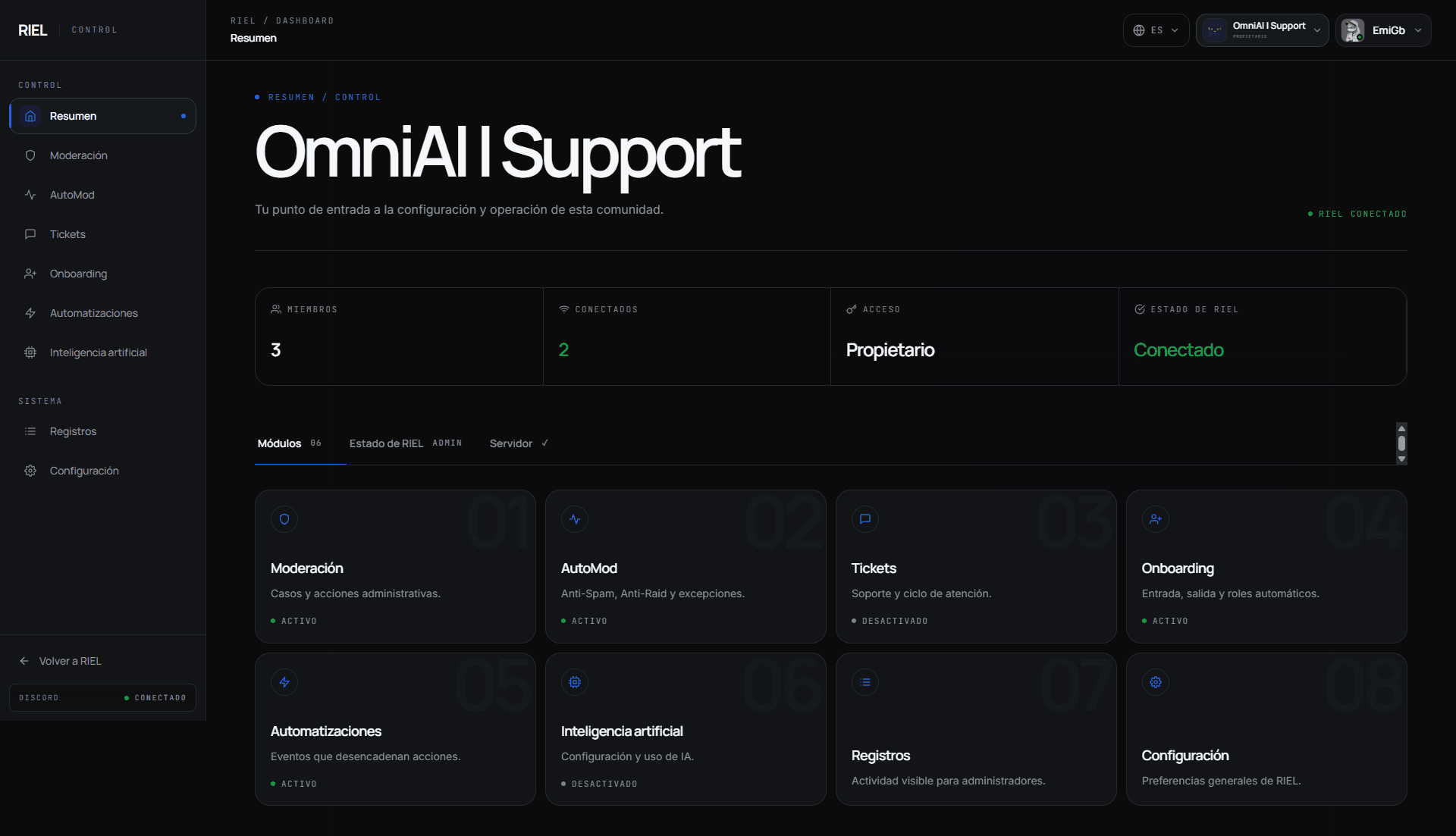 Dashboard real de RIEL con estado de conexión y módulos de moderación, tickets, onboarding y automatización.