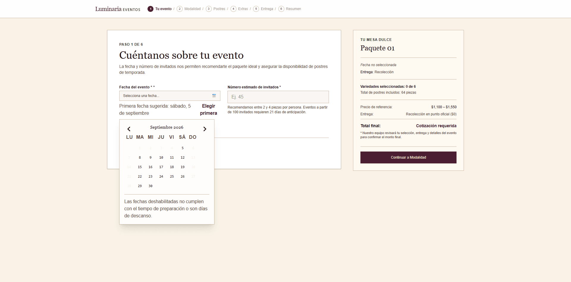 Primer paso real del configurador de eventos con fecha, invitados y resumen del paquete.