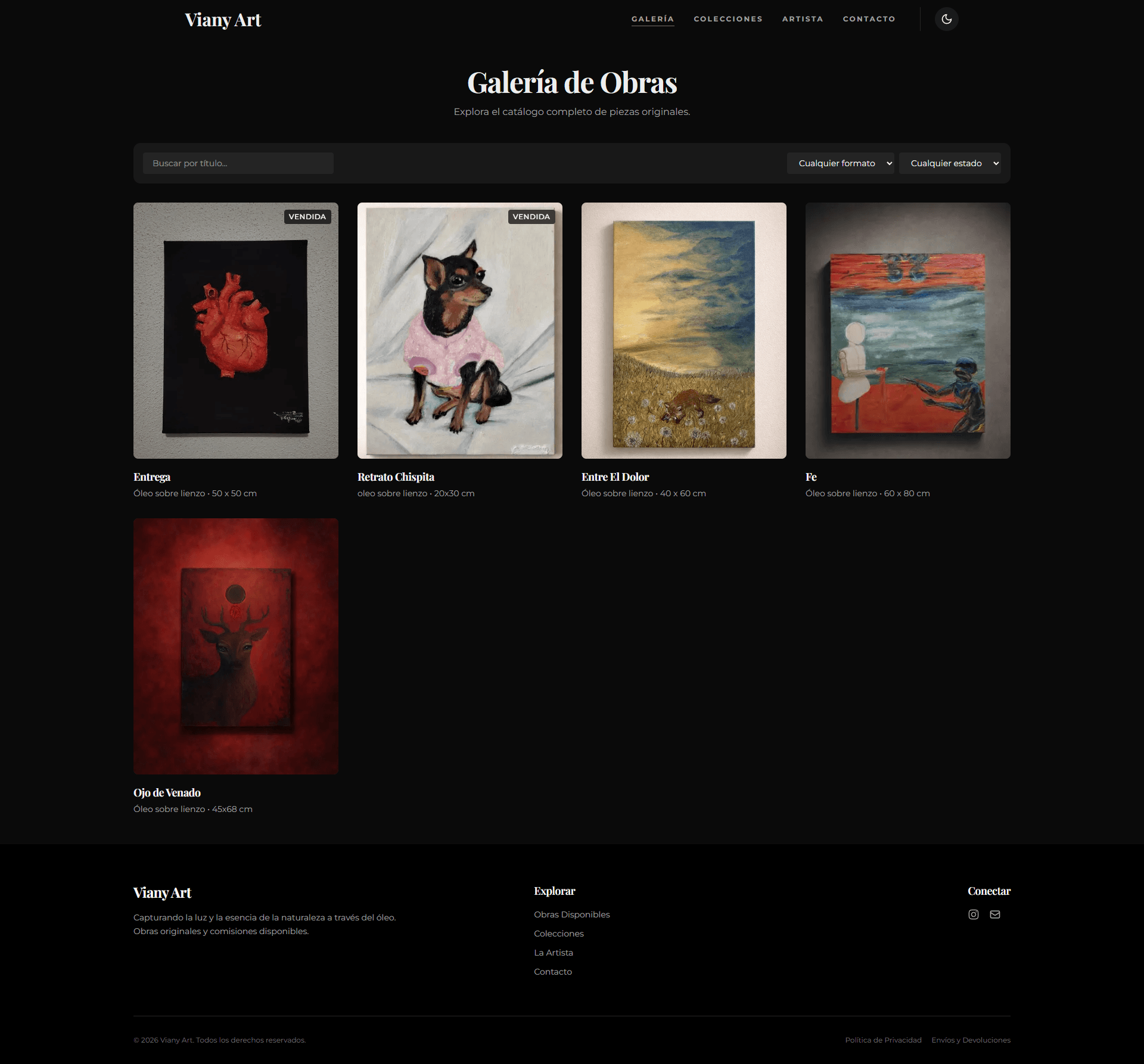 Galería real de Vianyart con búsqueda, filtros de formato y estado, y obras disponibles o vendidas.