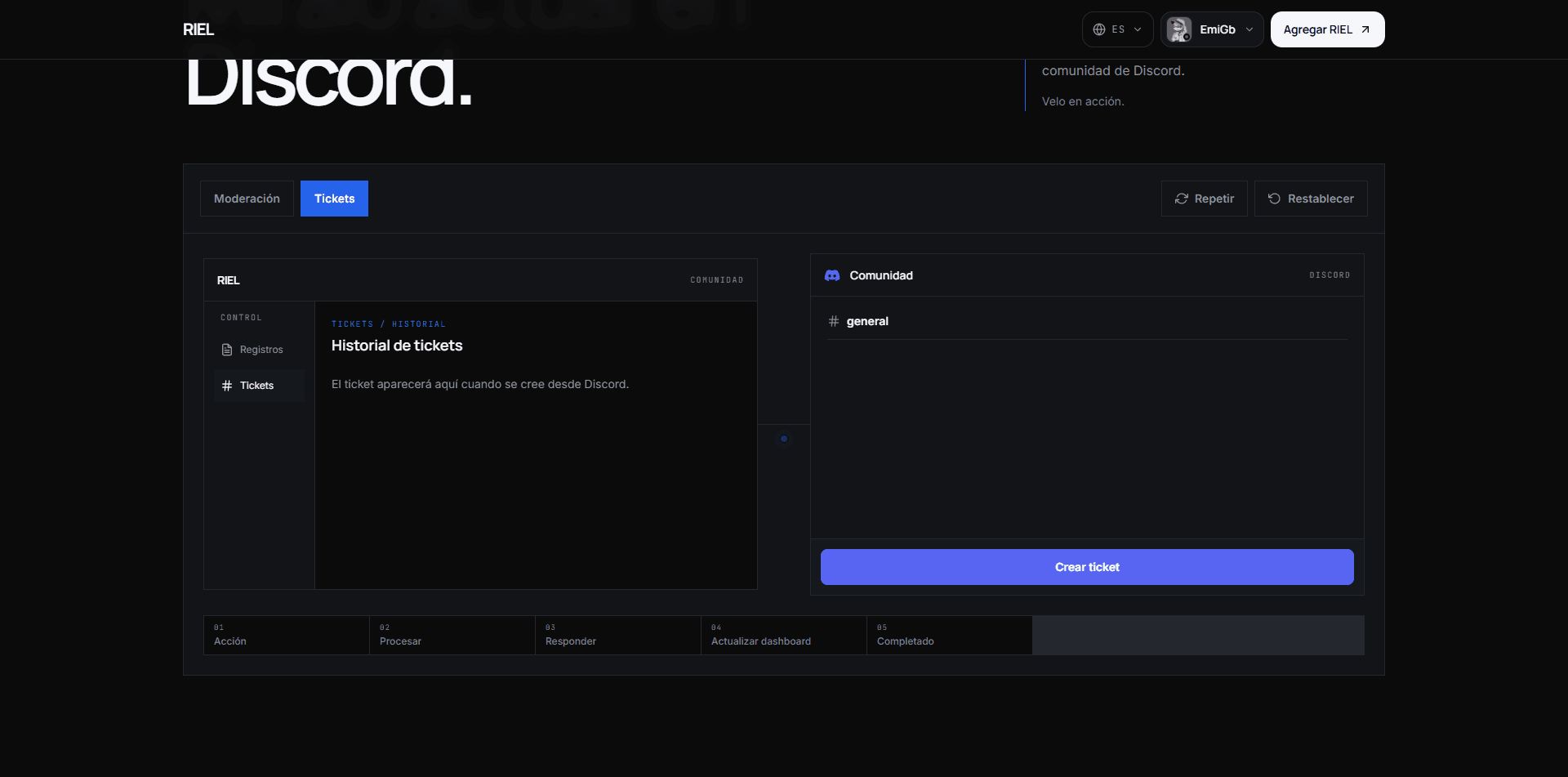 Demostración visual real del módulo de tickets de RIEL.