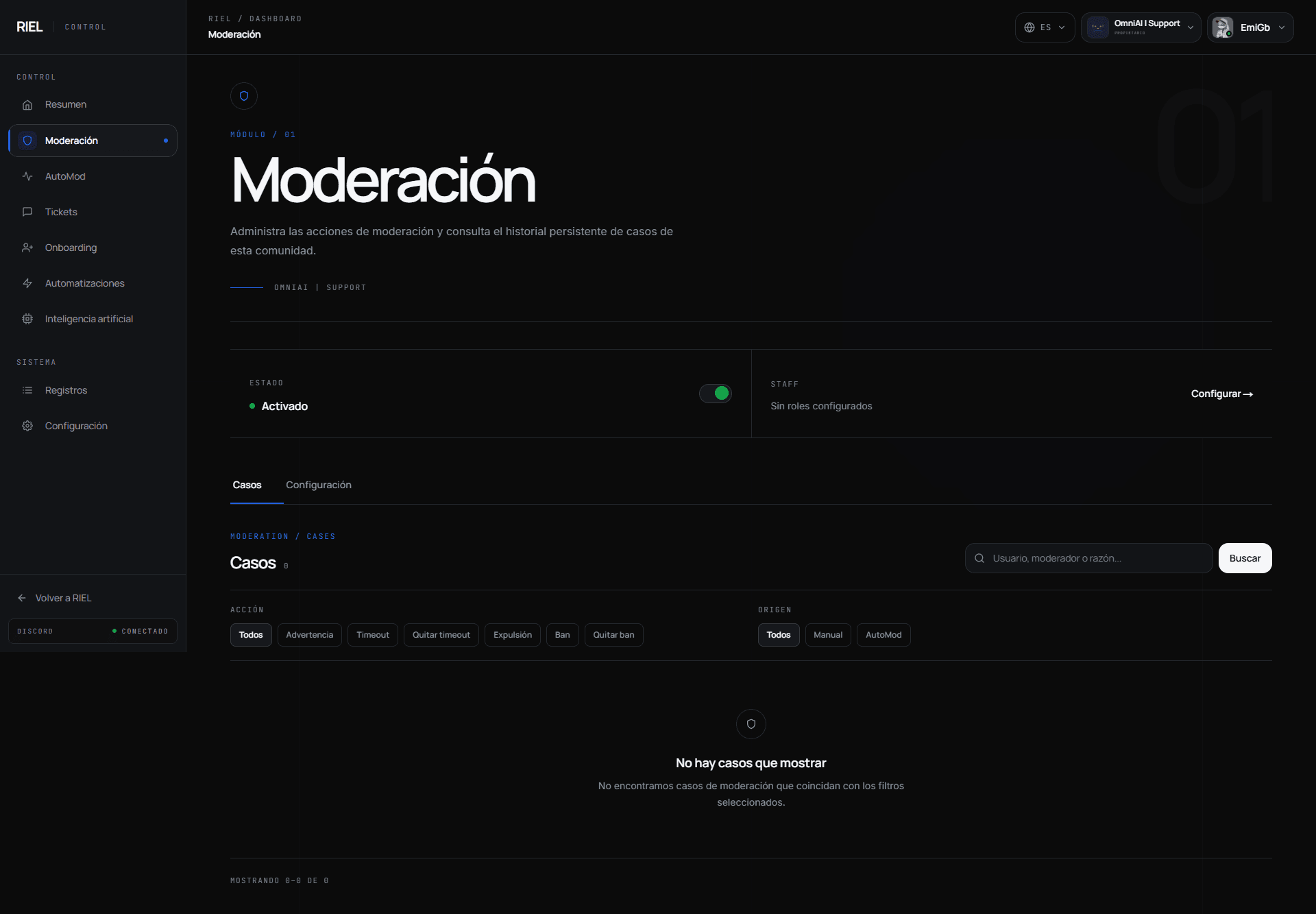 Módulo real de moderación de RIEL con estado, filtros por acción y origen, y casos revisables.